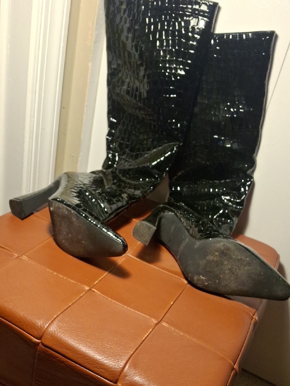 Forever 21 Black Patent Croc-Embossed Knee Boots - Women's Heeled Fashion Boots - Picture 3 of 5